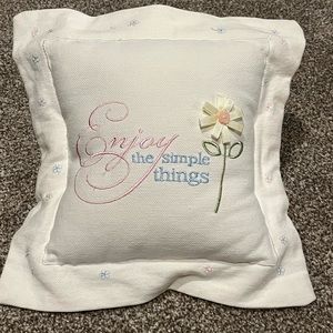 Accent pillow. Enjoy the simple things. White pink blue green accents. 11” x 11”